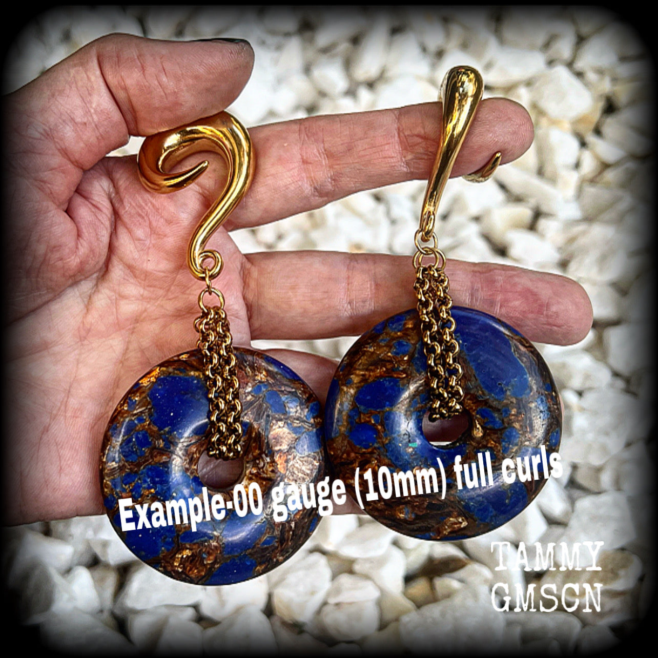Lapis lazuli and bronzite gauged earrings-Gemstone ear hangers