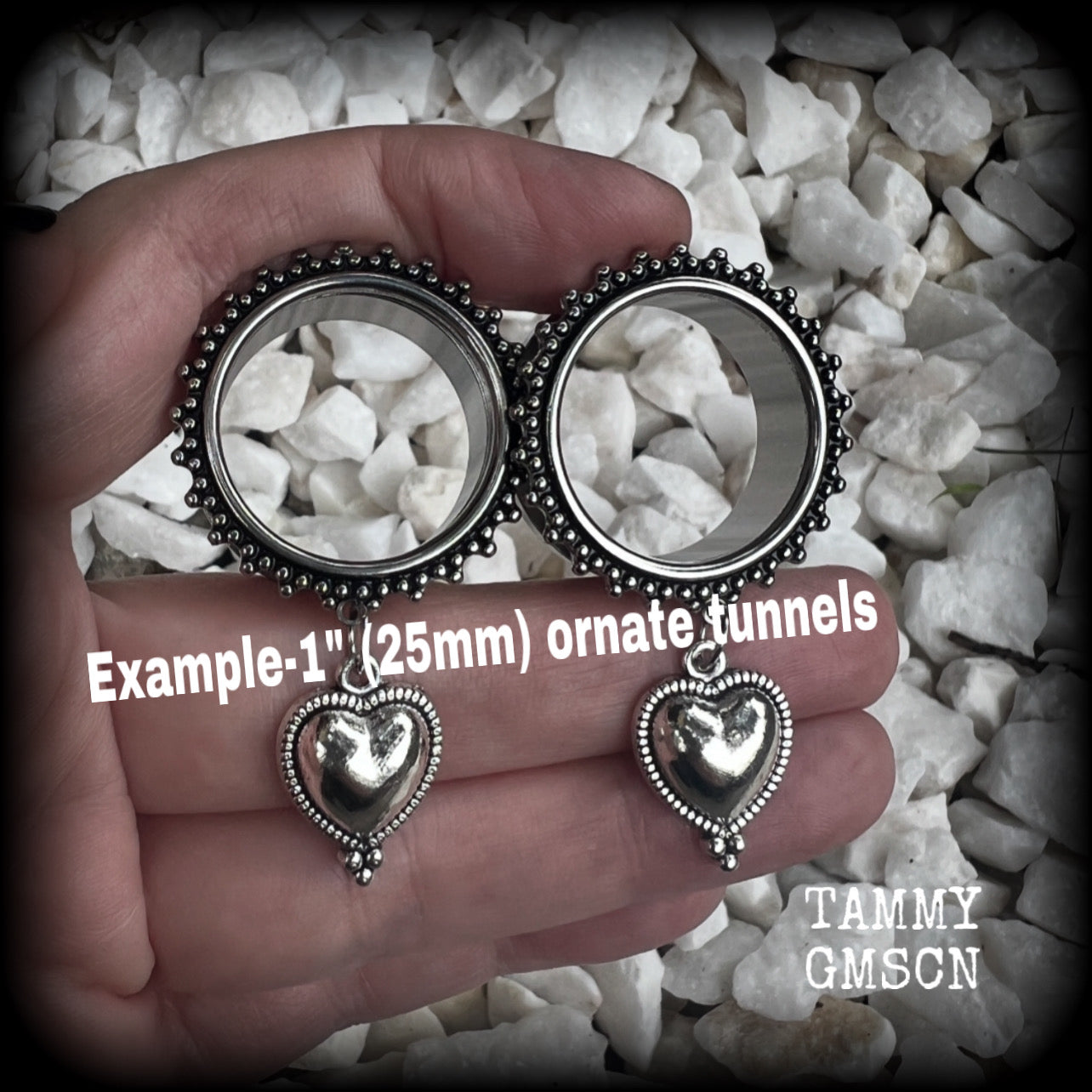 Silver heart tunnel earrings-Folk art heart ear gauges