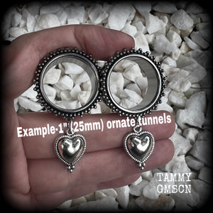 Silver heart tunnel earrings-Folk art heart ear gauges