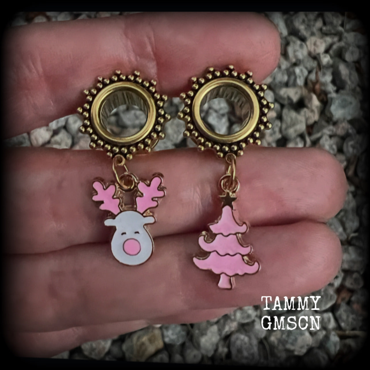 Pink reindeer tunnel earrings-Christmas tree earrings