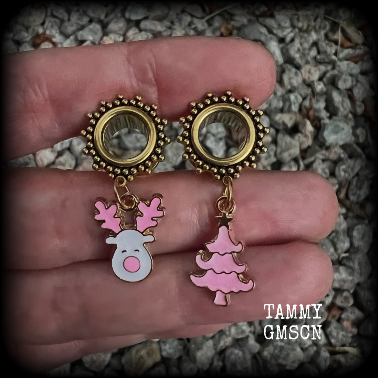 Pink reindeer tunnel earrings-Christmas tree earrings