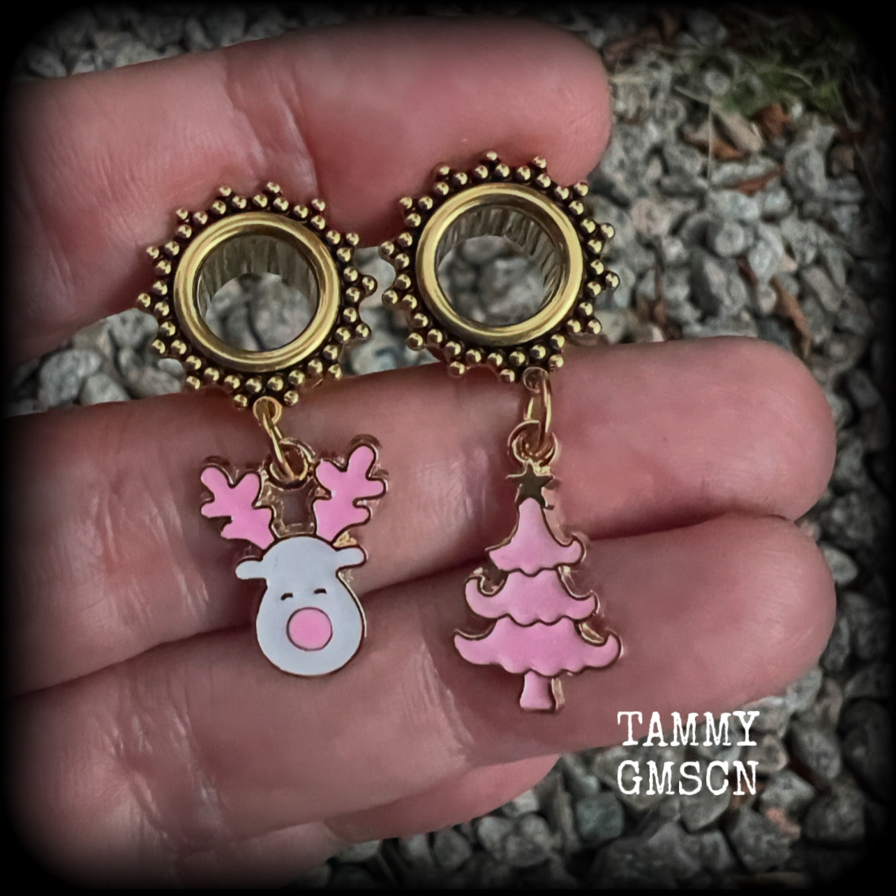 Pink reindeer tunnel earrings-Christmas tree earrings