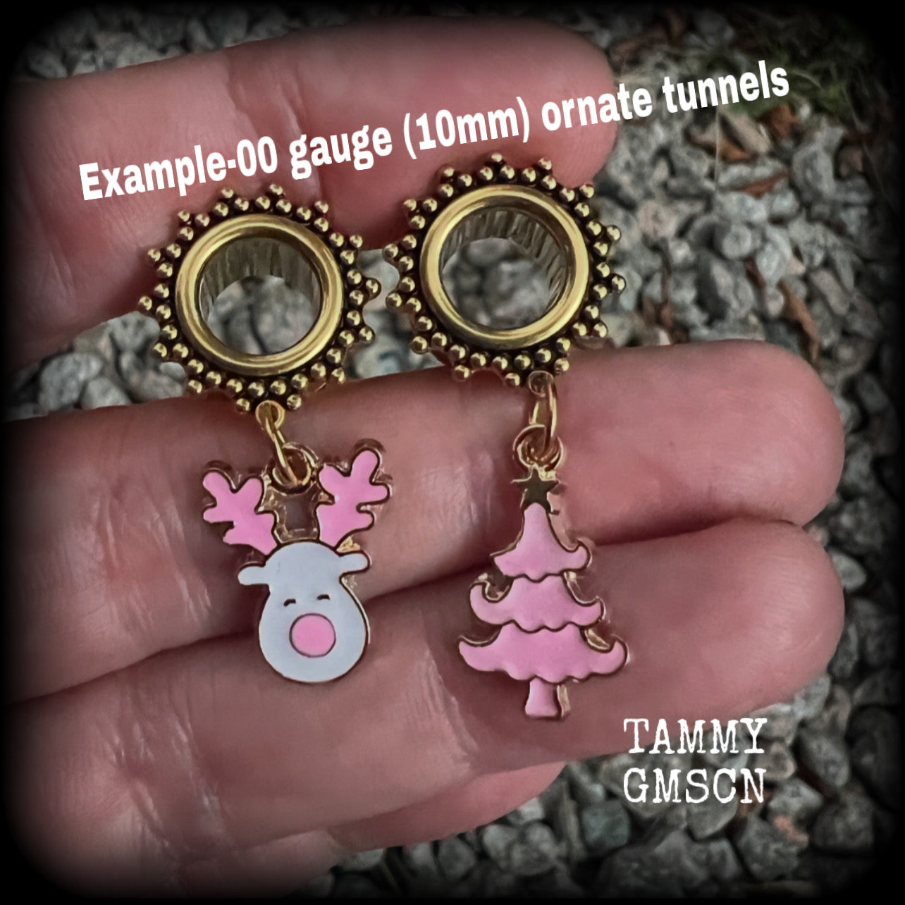 Pink reindeer tunnel earrings-Christmas tree earrings