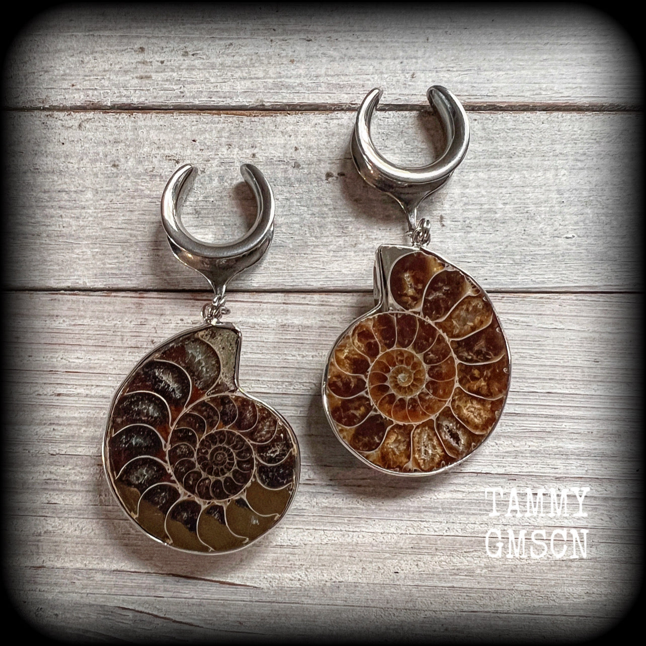 Ammonite fossil earrings made for 19mm stretched lobes with a cradle style hook.
These are big beautiful earrings available from 4mm up to 30mm.