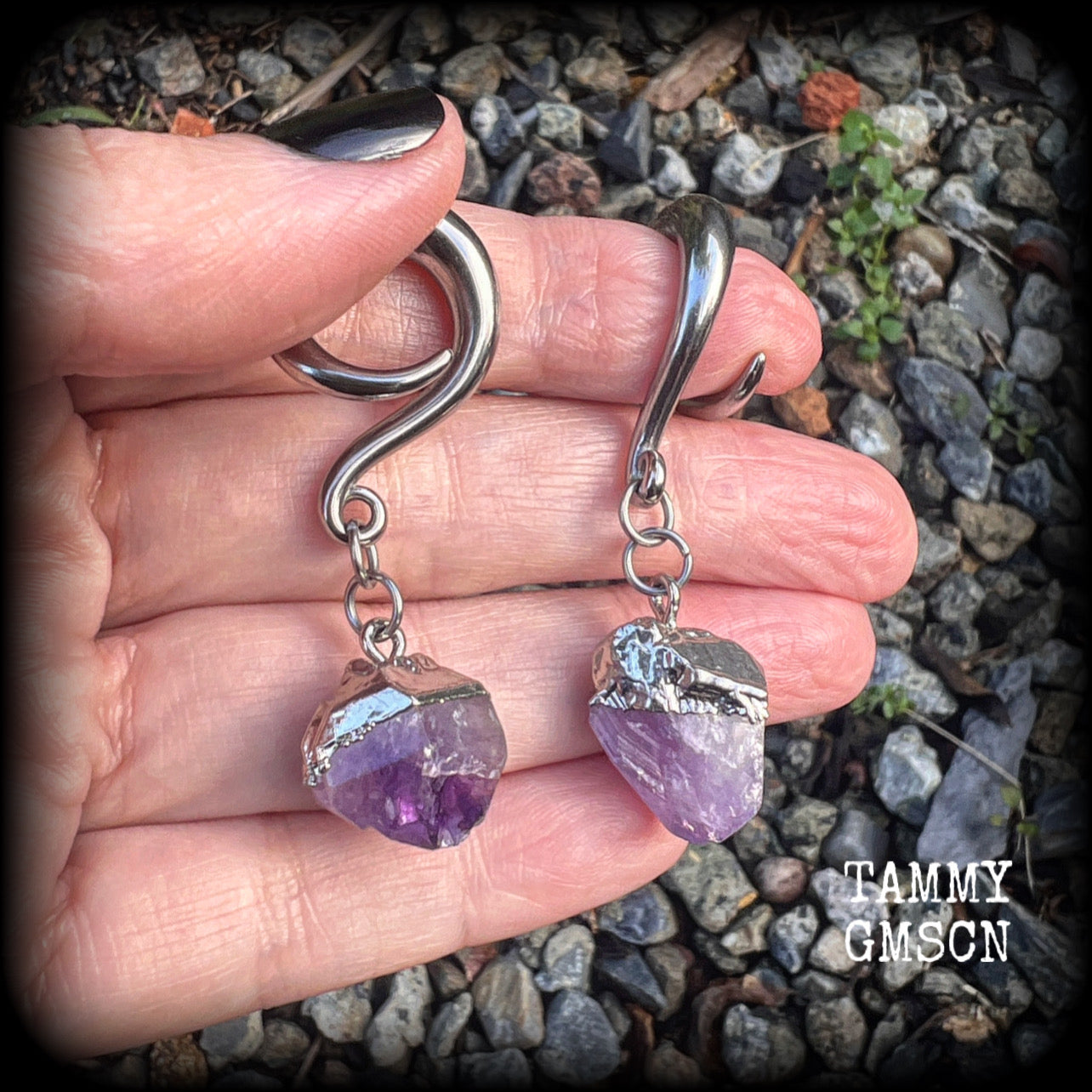 Amethyst earrings for stretched lobes Gemstone ear hangers Amethyst ear weights Ear gauges Gemstone body jewellery 