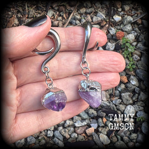 Amethyst earrings for stretched lobes Gemstone ear hangers Amethyst ear weights Ear gauges Gemstone body jewellery 