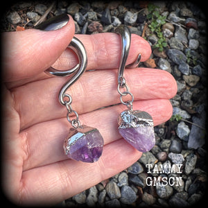 Amethyst earrings for stretched lobes Gemstone ear hangers Amethyst ear weights Ear gauges Gemstone body jewellery 