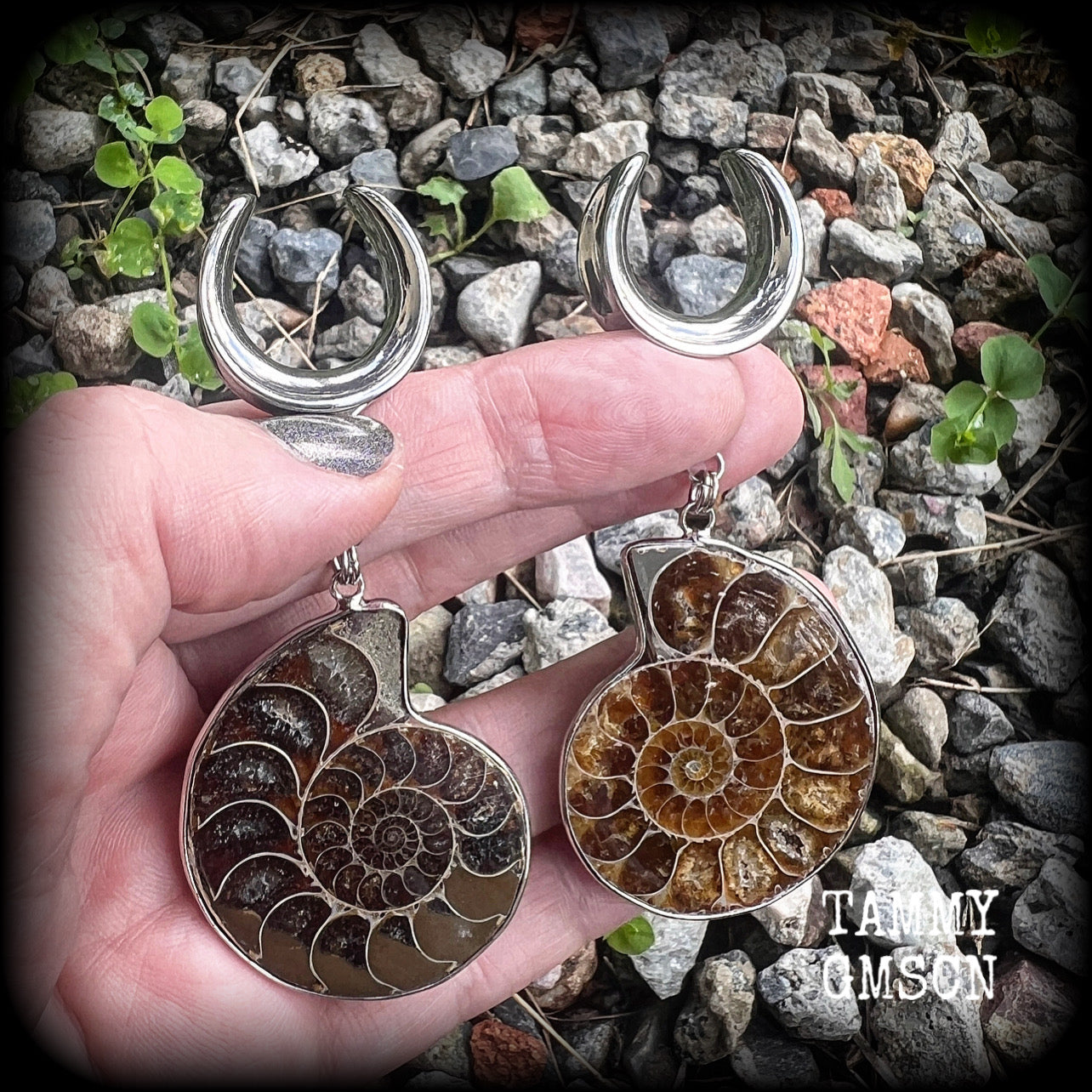 Ammonite fossil earrings made for 19mm stretched lobes with a cradle style hook.
These are big beautiful earrings available from 4mm up to 30mm.