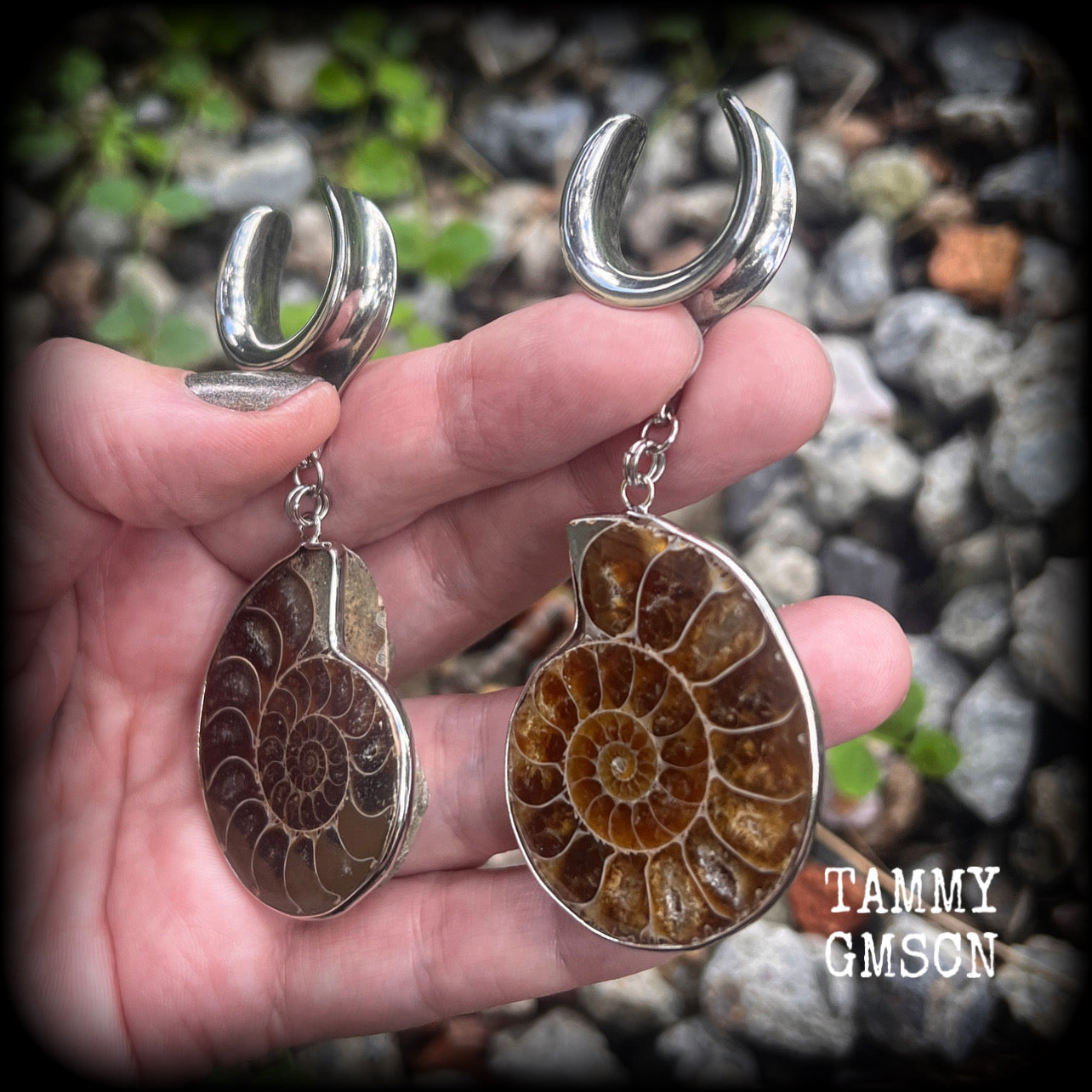 Ammonite fossil earrings made for 19mm stretched lobes with a cradle style hook.
These are big beautiful earrings available from 4mm up to 30mm.