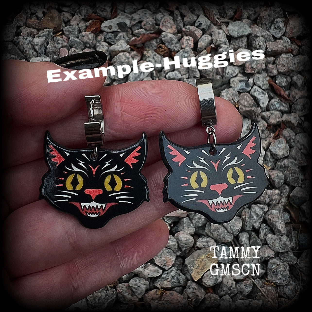 Black cat huggie earrings-Vintage cat halloween earrings