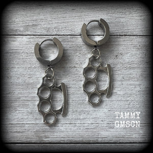 These awesome earrings feature antique silver brass knuckles, are nice and lightweight at approx 3 grams each, and measure in at just on 4cms from tip to tip.

This pair have been made on stainless steel huggie ear cuffs, suitable for pierced ears.