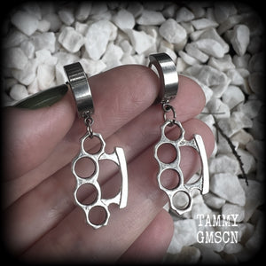 These awesome earrings feature antique silver brass knuckles, are nice and lightweight at approx 3 grams each, and measure in at just on 4cms from tip to tip.

This pair have been made on stainless steel huggie ear cuffs, suitable for pierced ears.