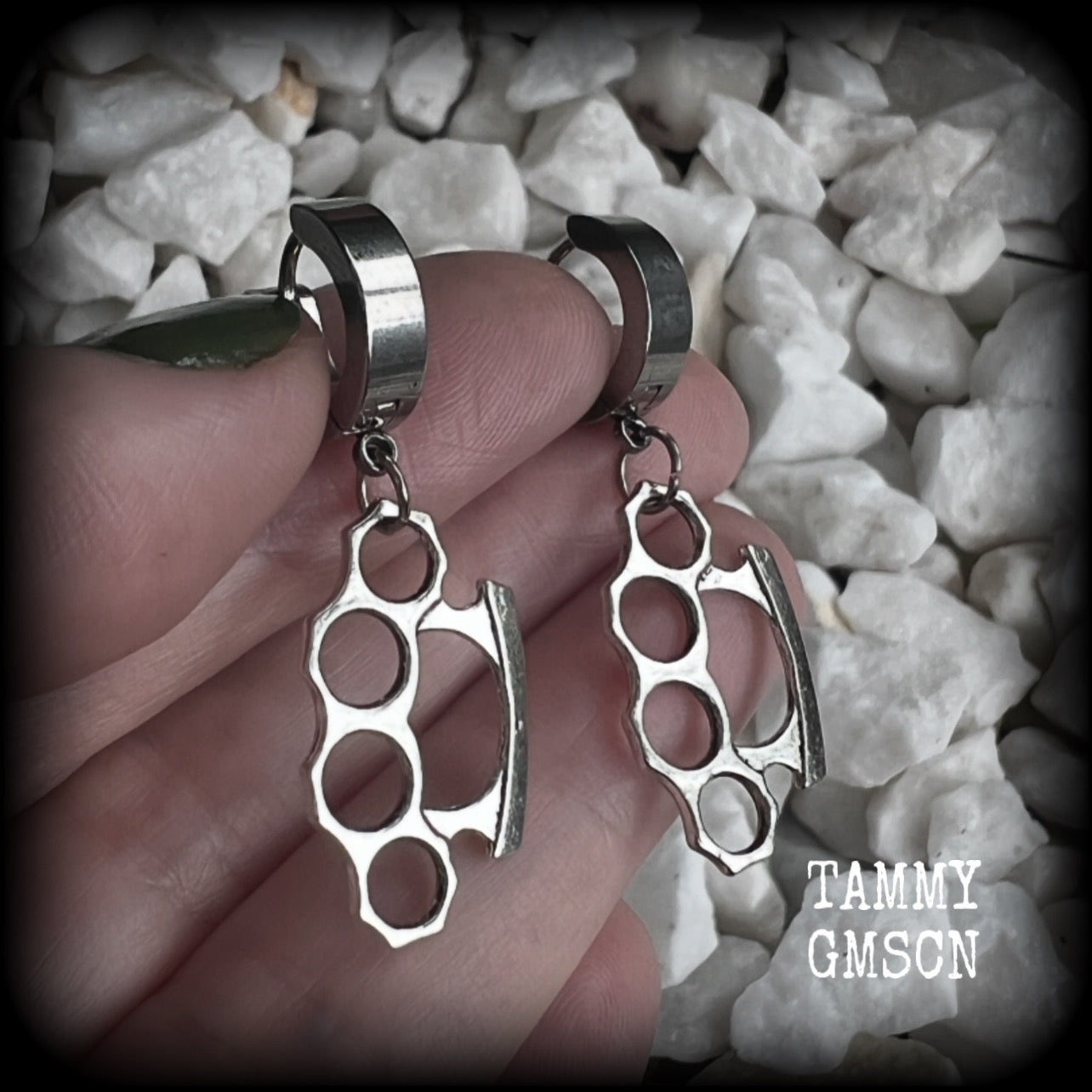 These awesome earrings feature antique silver brass knuckles, are nice and lightweight at approx 3 grams each, and measure in at just on 4cms from tip to tip.

This pair have been made on stainless steel huggie ear cuffs, suitable for pierced ears.
