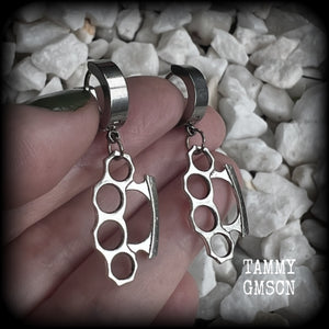These awesome earrings feature antique silver brass knuckles, are nice and lightweight at approx 3 grams each, and measure in at just on 4cms from tip to tip.

This pair have been made on stainless steel huggie ear cuffs, suitable for pierced ears.
