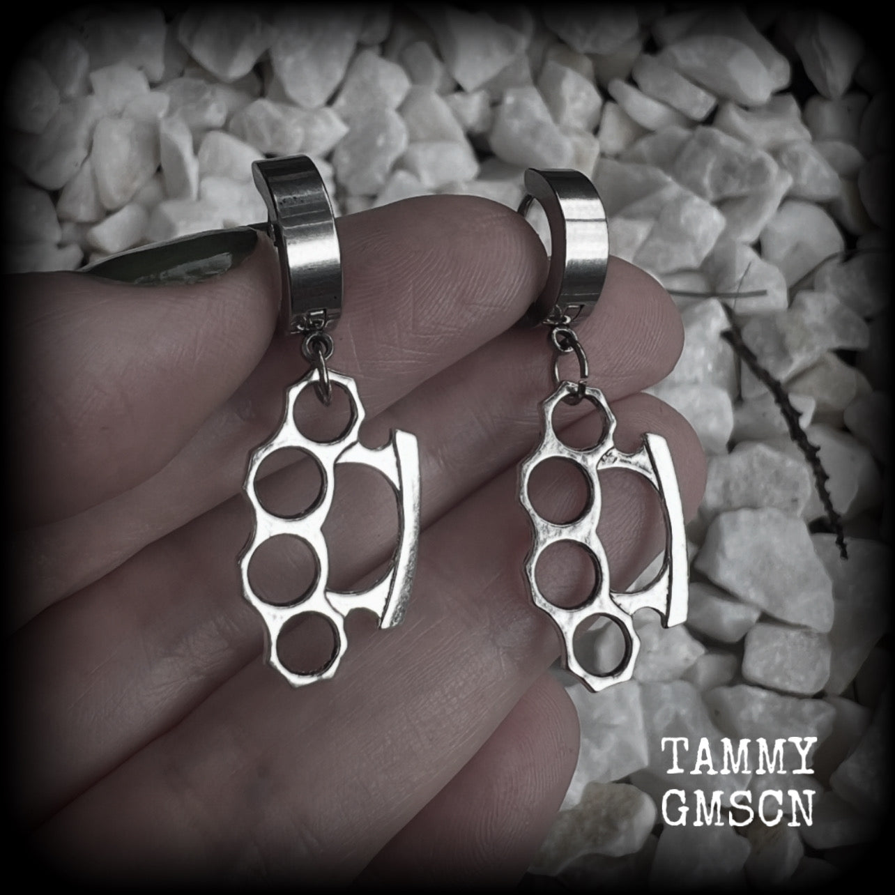 These awesome earrings feature antique silver brass knuckles, are nice and lightweight at approx 3 grams each, and measure in at just on 4cms from tip to tip.

This pair have been made on stainless steel huggie ear cuffs, suitable for pierced ears.