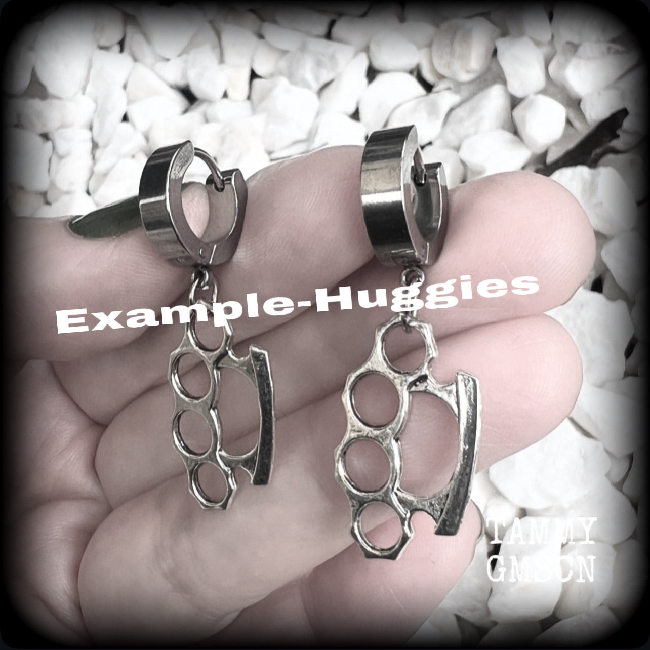 These awesome earrings feature antique silver brass knuckles, are nice and lightweight at approx 3 grams each, and measure in at just on 4cms from tip to tip.

This pair have been made on stainless steel huggie ear cuffs, suitable for pierced ears.
