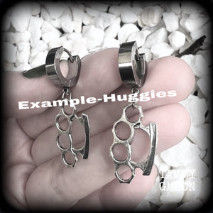 These awesome earrings feature antique silver brass knuckles, are nice and lightweight at approx 3 grams each, and measure in at just on 4cms from tip to tip.

This pair have been made on stainless steel huggie ear cuffs, suitable for pierced ears.