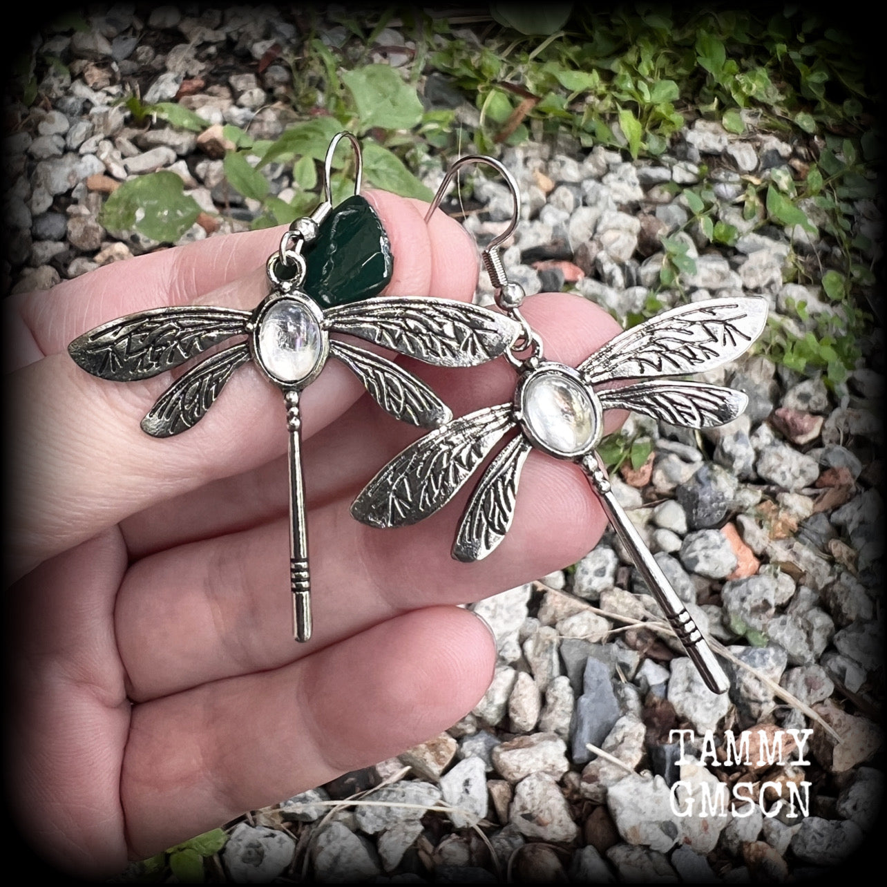 This is a pair of beautuful antique silver dragonfly earrings with translucent cabachon in the body of the dragonfly. This pair has been made with stainless steel french hooks but you can choose from a range of different hooks.