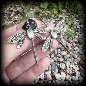 This is a pair of beautuful antique silver dragonfly earrings with translucent cabachon in the body of the dragonfly. This pair has been made with stainless steel french hooks but you can choose from a range of different hooks.