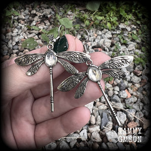 This is a pair of beautuful antique silver dragonfly earrings with translucent cabachon in the body of the dragonfly. This pair has been made with stainless steel french hooks but you can choose from a range of different hooks.