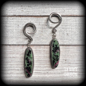 This is a pair of Ruby in fuchsite gauged earrings, made with long gemstones on full curl style hooks for stretched lobes. choose from several options of hooks and clasps for pierced ears and stretched lobes up to 30mm.