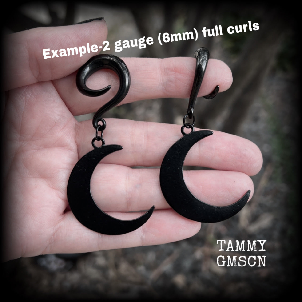 Black moon gauged earrings-Crescent moon ear hangers