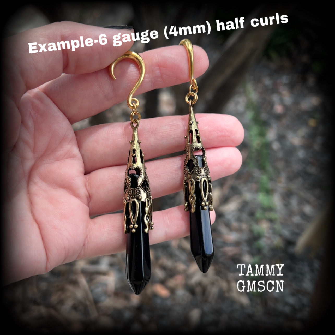 Black obsidian gauged earrings-Gothic gemstone ear hangers