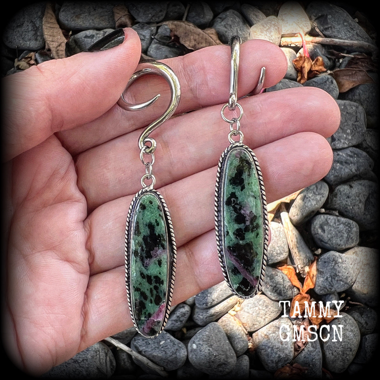 This is a pair of Ruby in fuchsite gauged earrings, made with long gemstones on full curl style hooks for stretched lobes. choose from several options of hooks and clasps for pierced ears and stretched lobes up to 30mm.