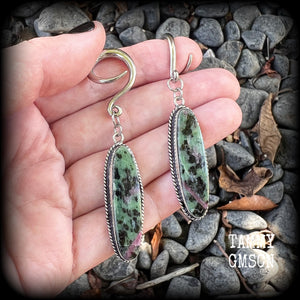 This is a pair of Ruby in fuchsite gauged earrings, made with long gemstones on full curl style hooks for stretched lobes. choose from several options of hooks and clasps for pierced ears and stretched lobes up to 30mm.