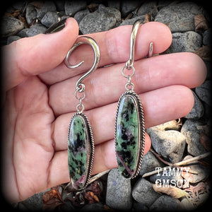 This is a pair of Ruby in fuchsite gauged earrings, made with long gemstones on full curl style hooks for stretched lobes. choose from several options of hooks and clasps for pierced ears and stretched lobes up to 30mm.