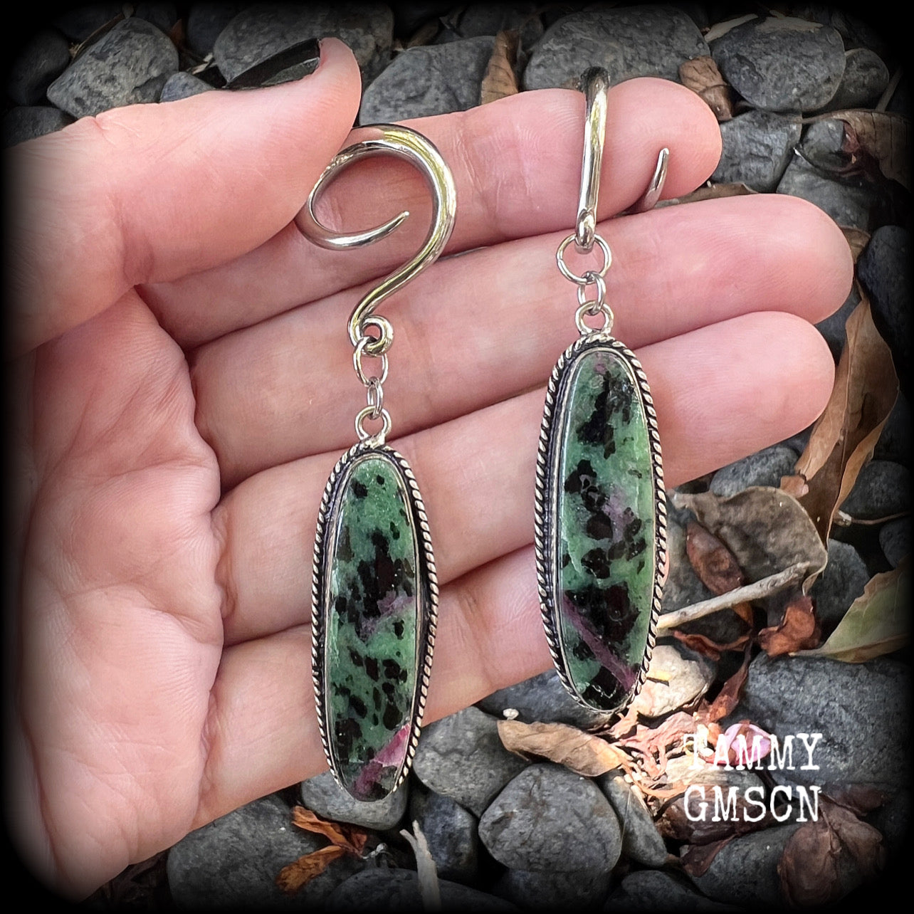 This is a pair of Ruby in fuchsite gauged earrings, made with long gemstones on full curl style hooks for stretched lobes. choose from several options of hooks and clasps for pierced ears and stretched lobes up to 30mm.