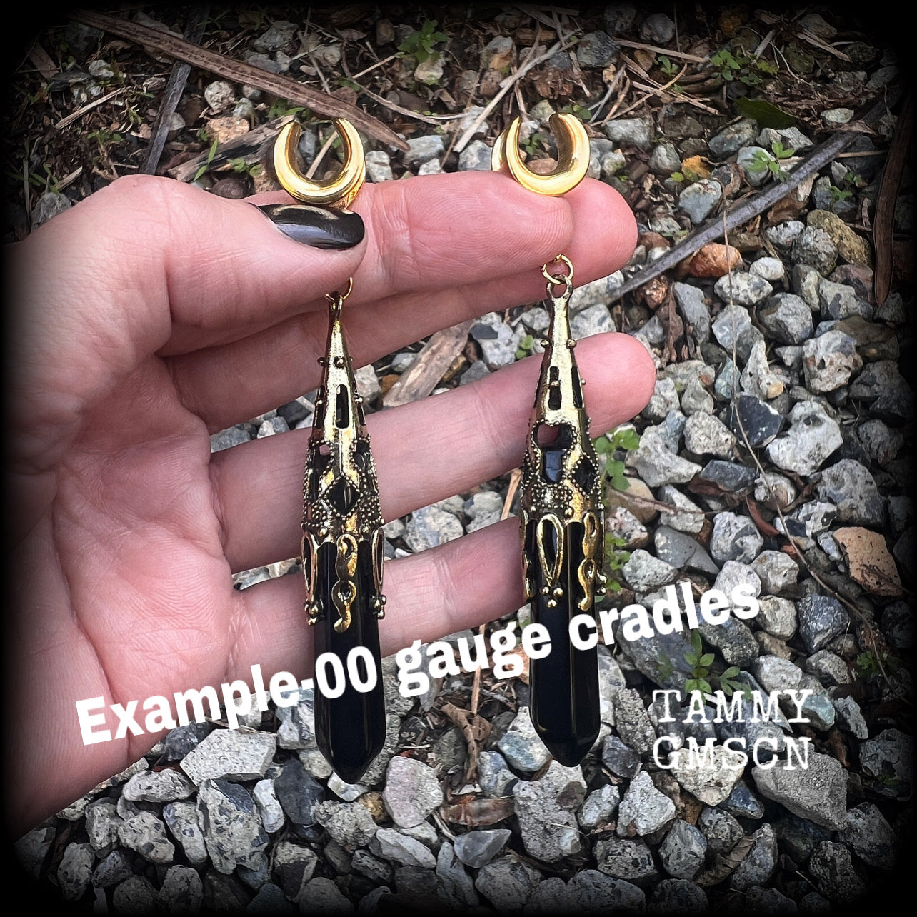 Gothic Black obsidian gauged earrings-Ear hangers