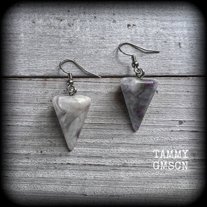 These earrings are made with beautiful milky white and dusty purple amethyst gemstones, nice and light weight at approx 5 grams each, and measure 5 cms from tip to tip.
This pair has been made with stainless steel french hooks, suitable for pierced ears.