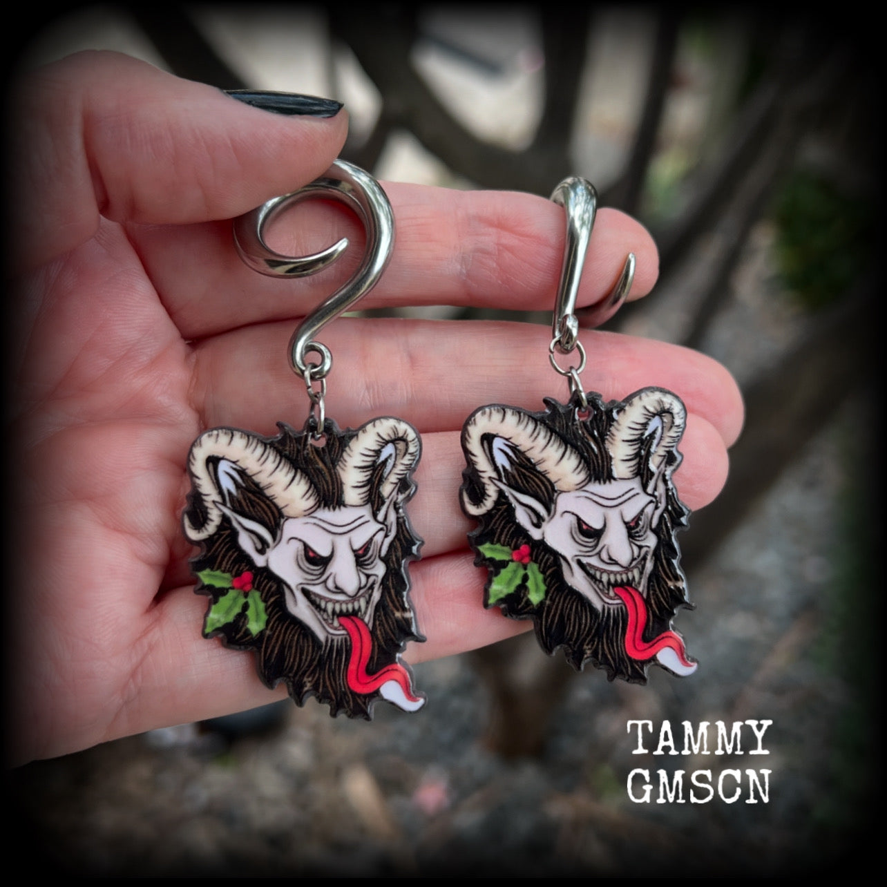 Krampus gauged earrings-Yule folk horror ear hangers