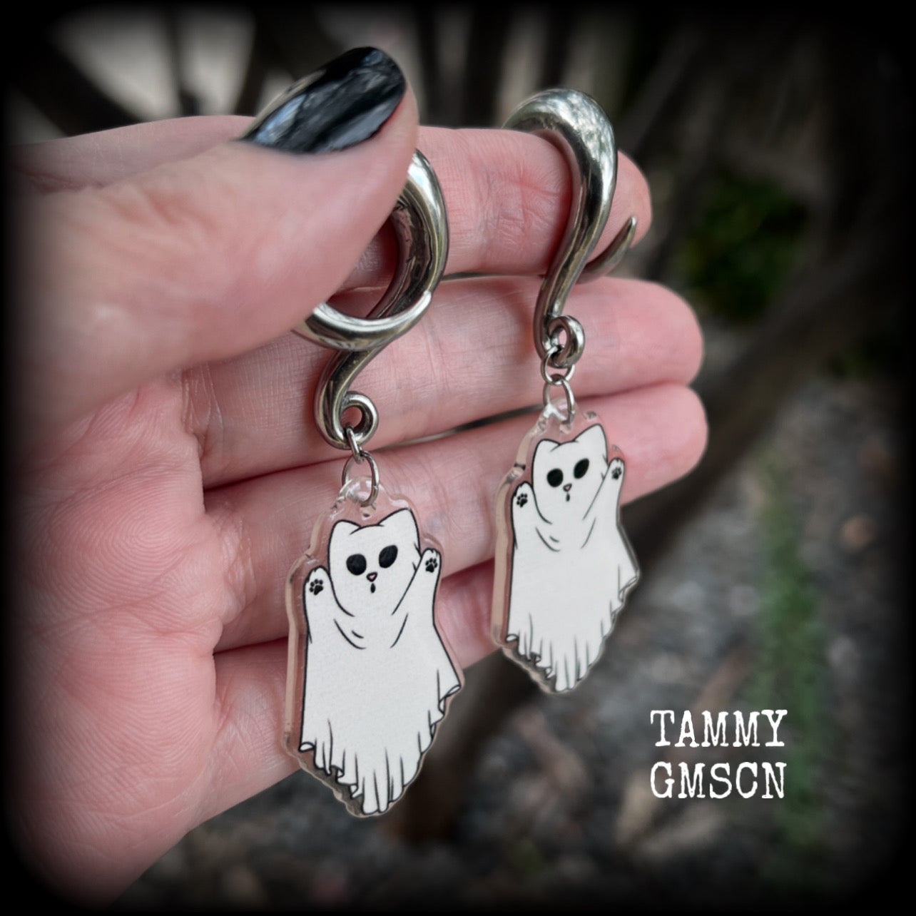 Ghost cat gauged earrings-Halloween ear gauges