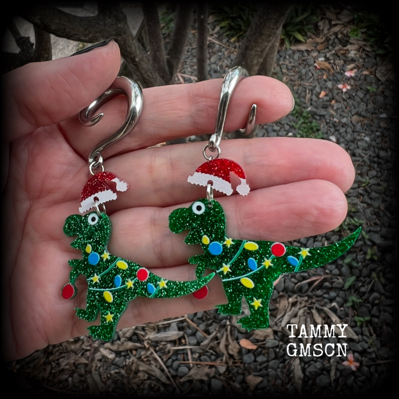 Christmas dinosaur earrings-Christmas tree gauged earrings