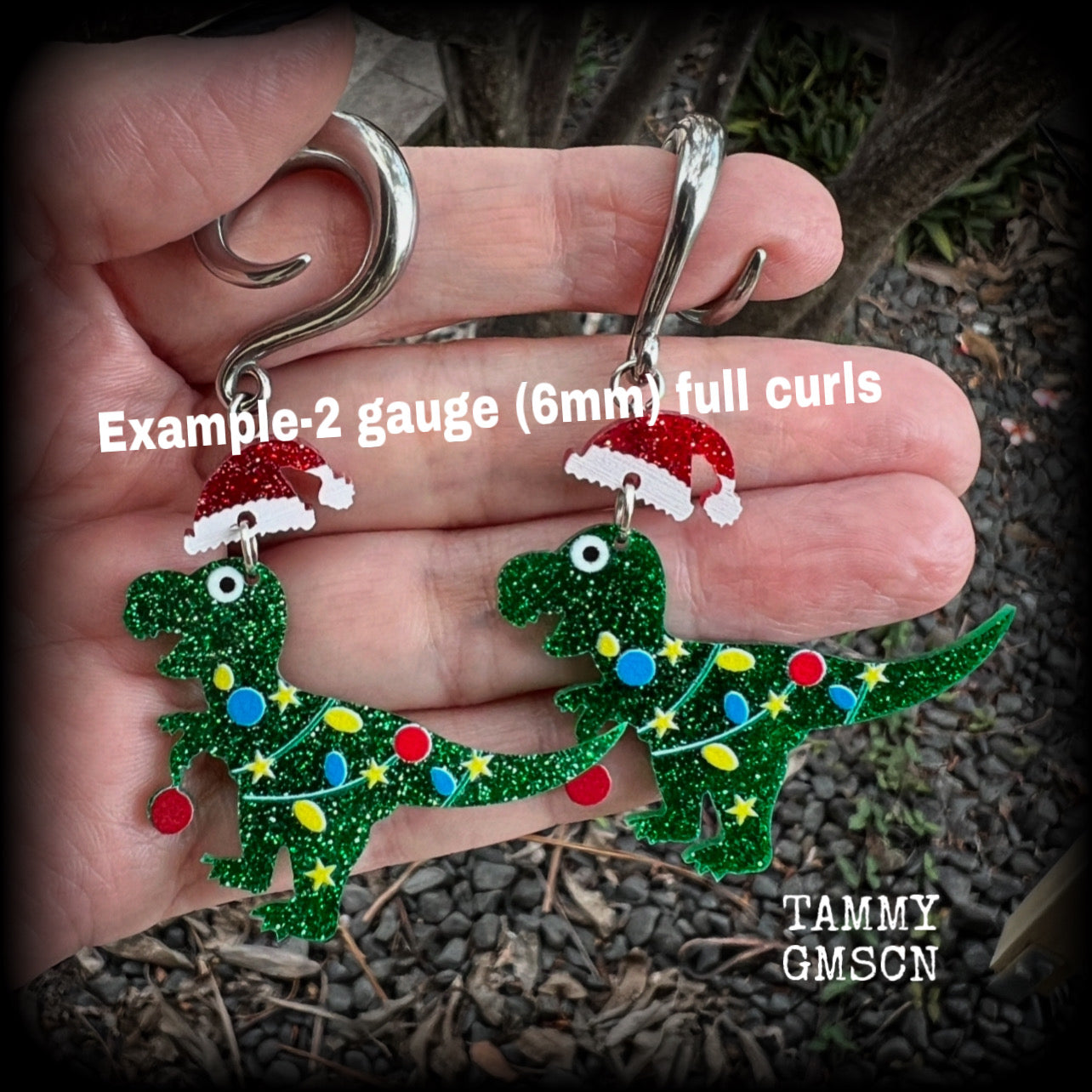 Christmas dinosaur earrings-Christmas tree gauged earrings