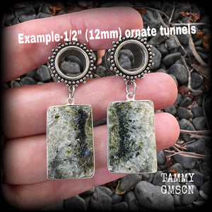 These unique tunnel earrings have been made with beautiful moss agate gemstones, are light weight at approx 10 grams each, and measuring just over 5cms from tip to tip.

This pair have been made on 1/2” gauge (12mm) gauge ornate surgical steel screw fit tunnels.