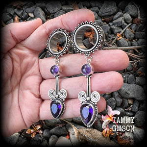 These gorgeous tunnel earrings have been made with beautiful polished and facet amethyst gemstones and antique silver boho settings.
These earrings are beautifully light weight, weighing approx 13 grams each and measure just under 8cms from tip to tip.

This pair have been made with 3/4" gauge (19mm) ornate surgical steel screw fit tunnels.