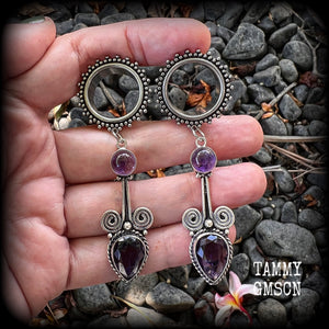 These gorgeous tunnel earrings have been made with beautiful polished and facet amethyst gemstones and antique silver boho settings.
These earrings are beautifully light weight, weighing approx 13 grams each and measure just under 8cms from tip to tip.

This pair have been made with 3/4" gauge (19mm) ornate surgical steel screw fit tunnels.