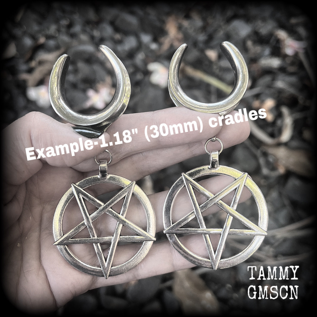 These beautiful big antique silver inverted pentagram gauged earrings measure just on 9cms from tip to tip, and weigh approx 25 grams each.

This pair have been made on 1.18” (30mm) surgical steel cradles, suitable for stretched lobes.
