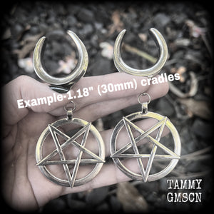 These beautiful big antique silver inverted pentagram gauged earrings measure just on 9cms from tip to tip, and weigh approx 25 grams each.

This pair have been made on 1.18” (30mm) surgical steel cradles, suitable for stretched lobes.
