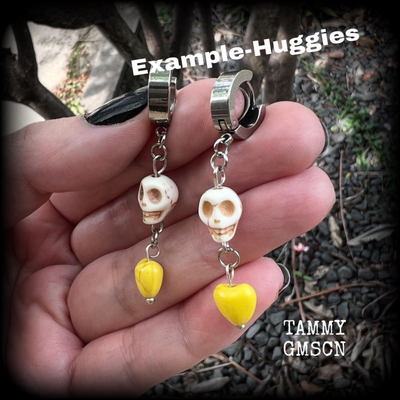 Los Muertos skull and yellow heart earrings-Halloween skull earrings