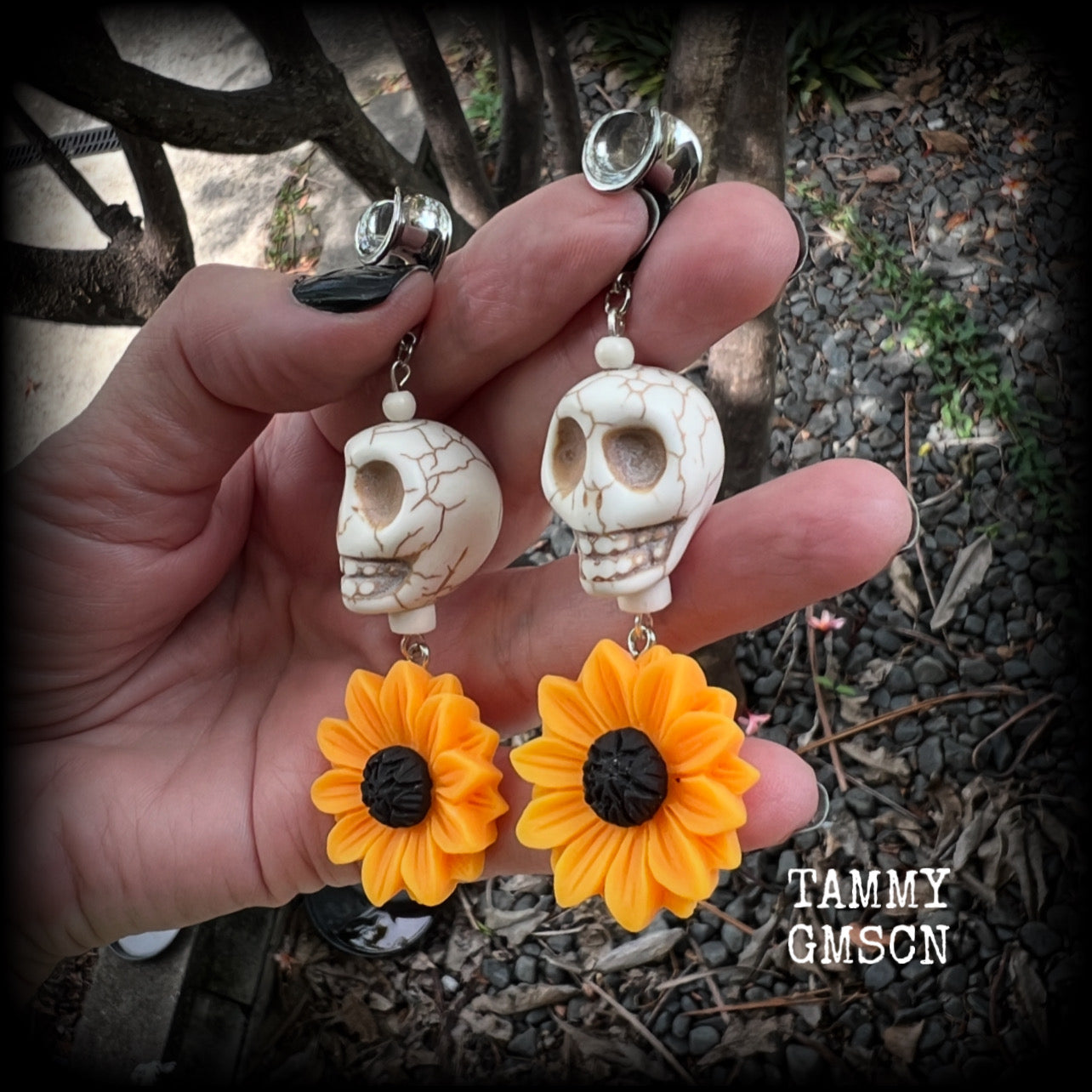 Day of the Dead skulls and sunflowers ear weights-Los Muertos ear hangers