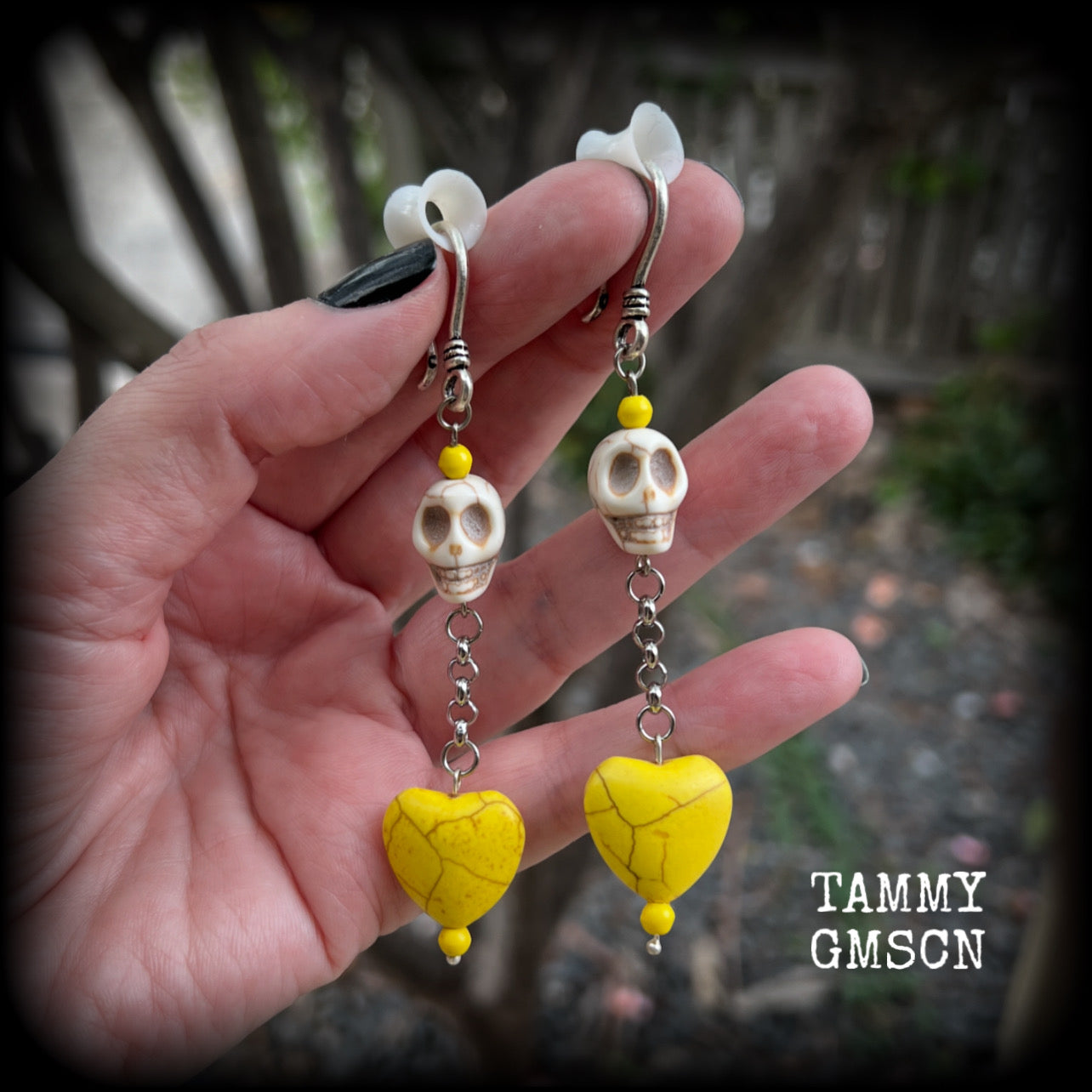 Day of the dead skull and yellow heart earrings-Los Muertos ear hangers