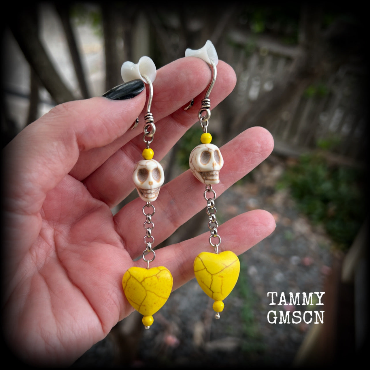 Day of the dead skull and yellow heart earrings-Los Muertos ear hangers