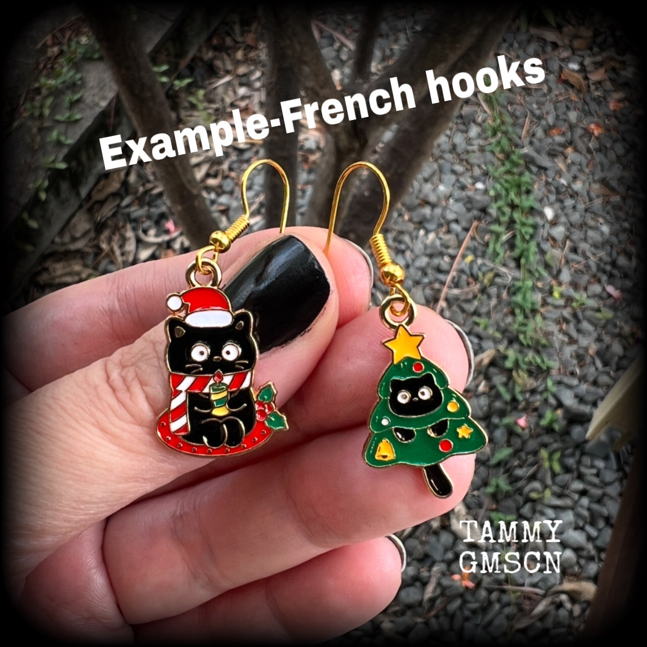 These adorable earrings feature mischievous festive black cats, measuring approx 3.5cms from tip to tip and weighing only a few grams each.   This pair has been made on antique gold french hooks, for pierced ears.