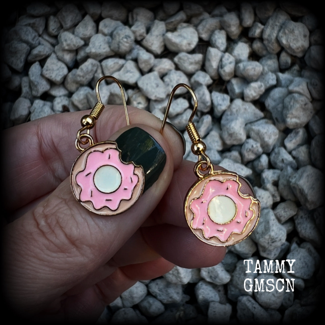 This pair of adorable antique gold and enamel iced doughnut earrings measures just on 3.5cms from tip to tip, and are super light weight at only a few grams each.

This pair has been made with french hooks, suitable for pierced ears.