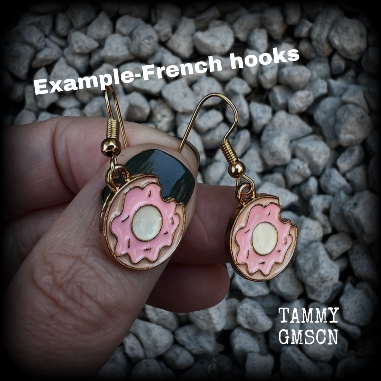 This pair of adorable antique gold and enamel iced doughnut earrings measures just on 3.5cms from tip to tip, and are super light weight at only a few grams each.

This pair has been made with french hooks, suitable for pierced ears.
