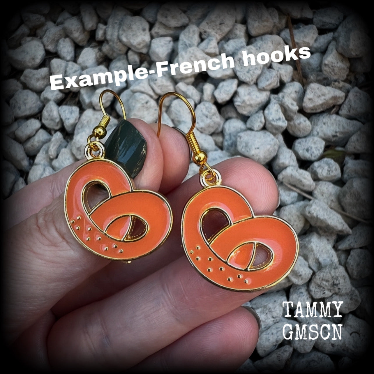 This pair of antique gold and enamel pretzel earrings measures just over 4cms from tip to tip, and are super light weight at only a few grams each.

This pair have been made with french hooks, suitable for both pierced ears.